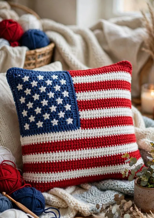 Crochet American Flag Pillow