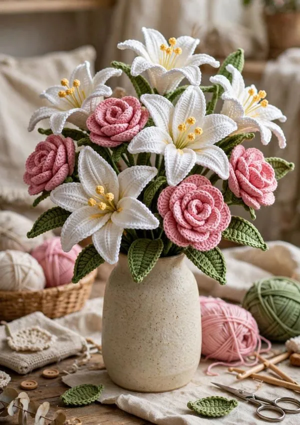 Crochet Lily and Rose Bouquet