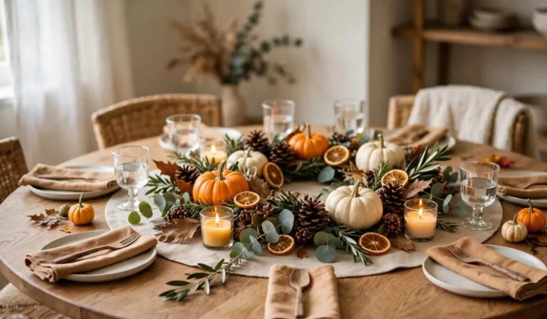 Thanksgiving centerpiece ideas featuring pumpkins, candles, florals, and rustic accents—check them out now and create a balanced, beautiful holiday table your guests will love!