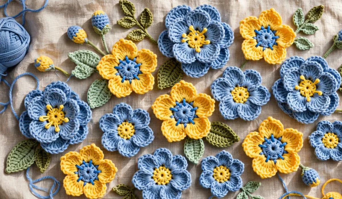 Crochet Flowers Blue And Yellow