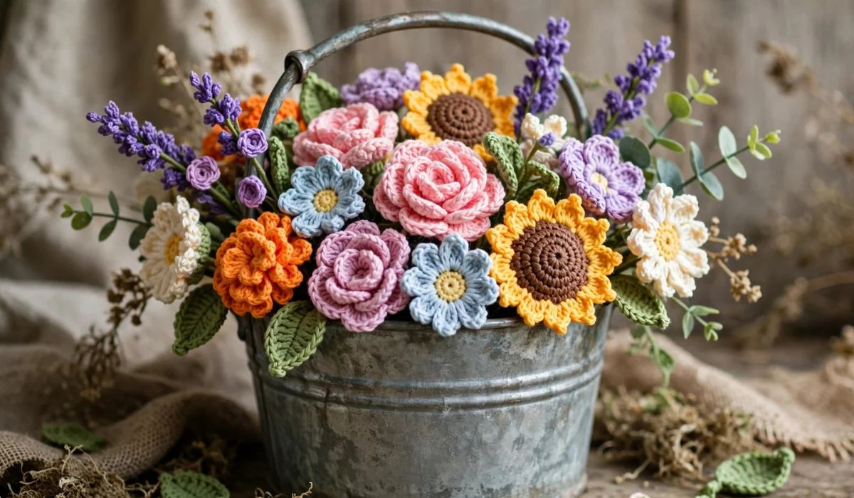 Crochet Flowers Bucket