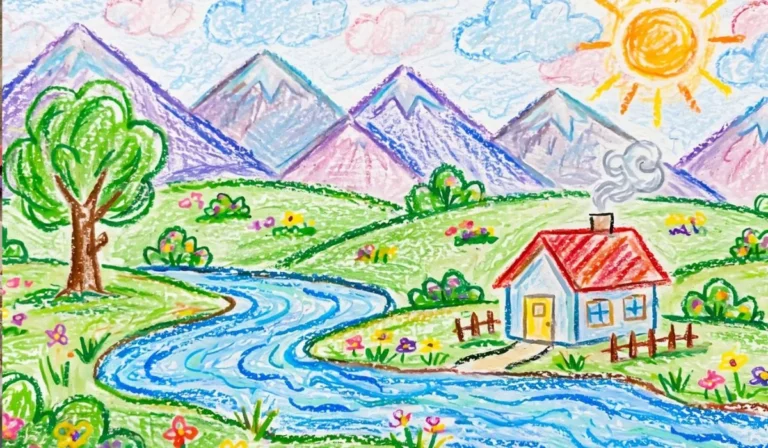 Easy Scenery Drawing For Kids Oil Pastel Color